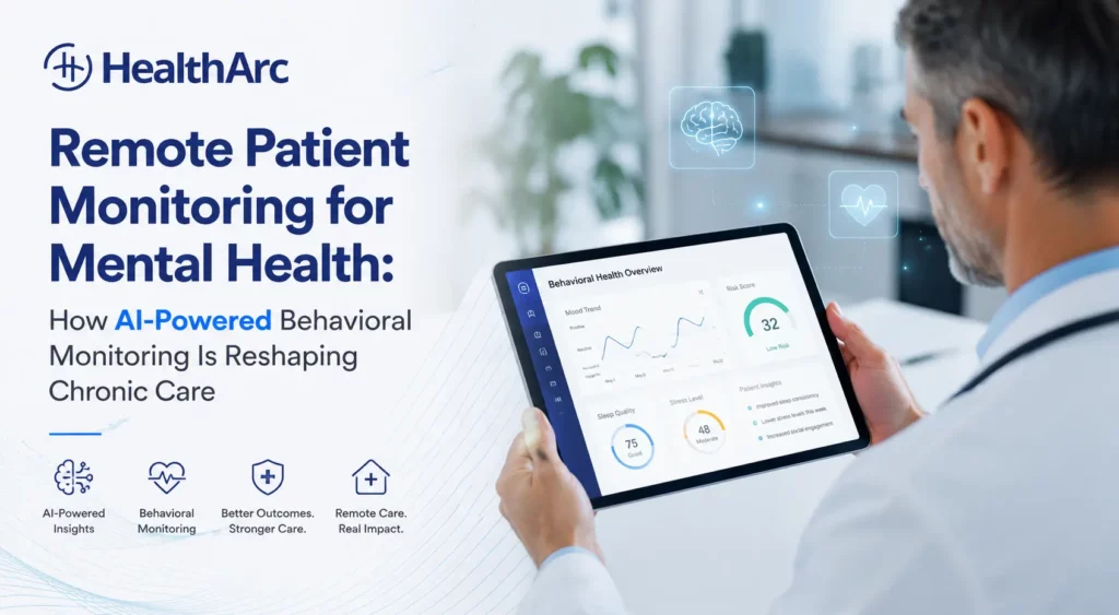 Physician reviewing AI-powered behavioral health monitoring dashboard on tablet for remote patient monitoring mental health program
