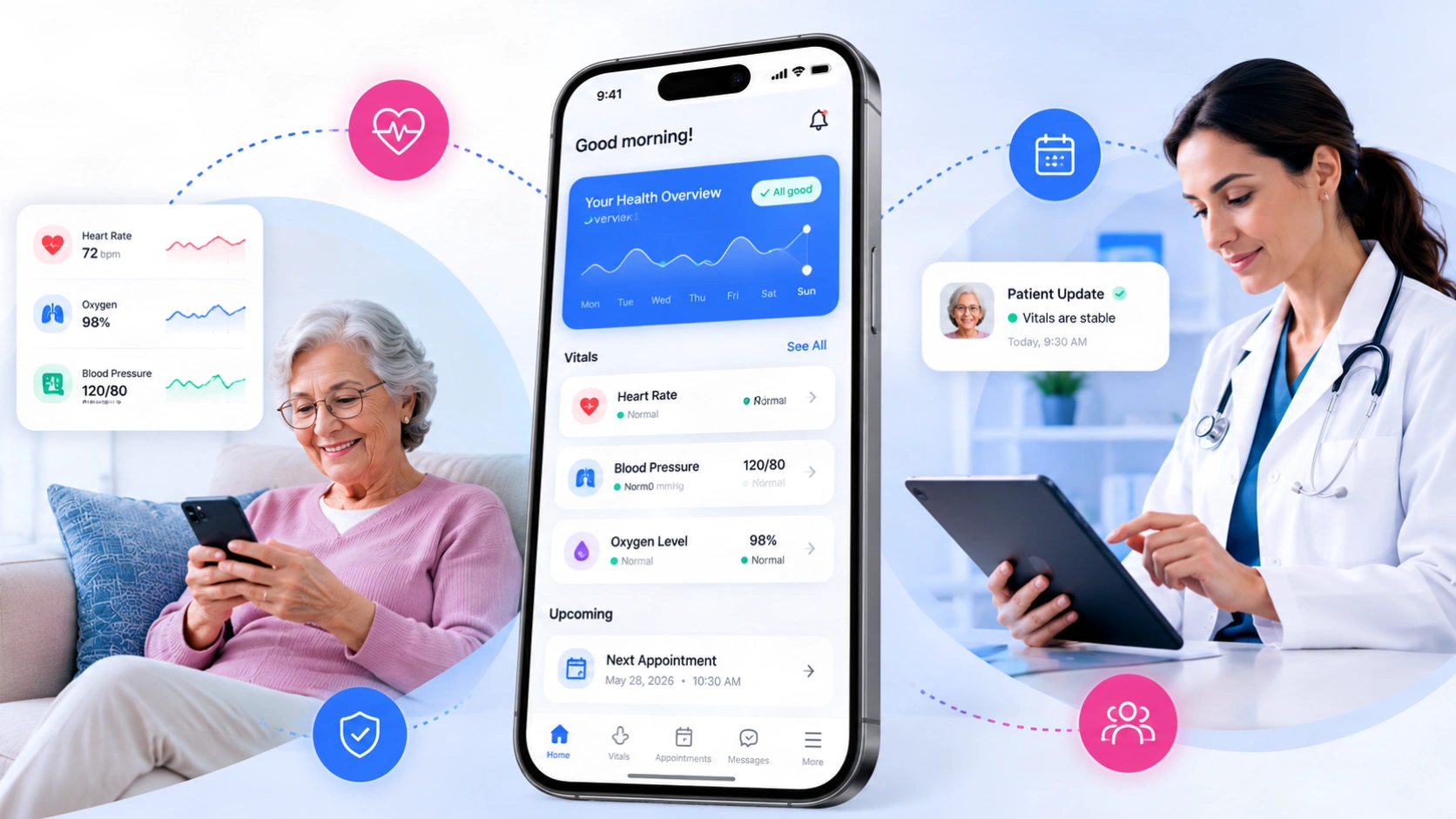 Patient checking her health overview in the HealthArc mobile app while a clinician reviews the same readings on a tablet