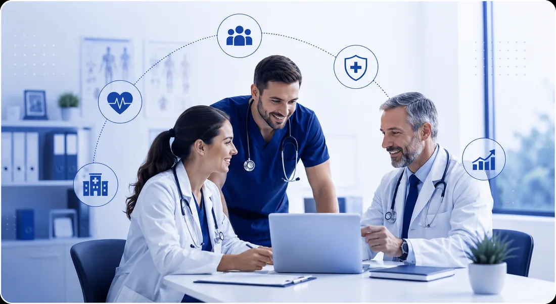 Physicians and a care coordinator reviewing patient data together at a specialty practice