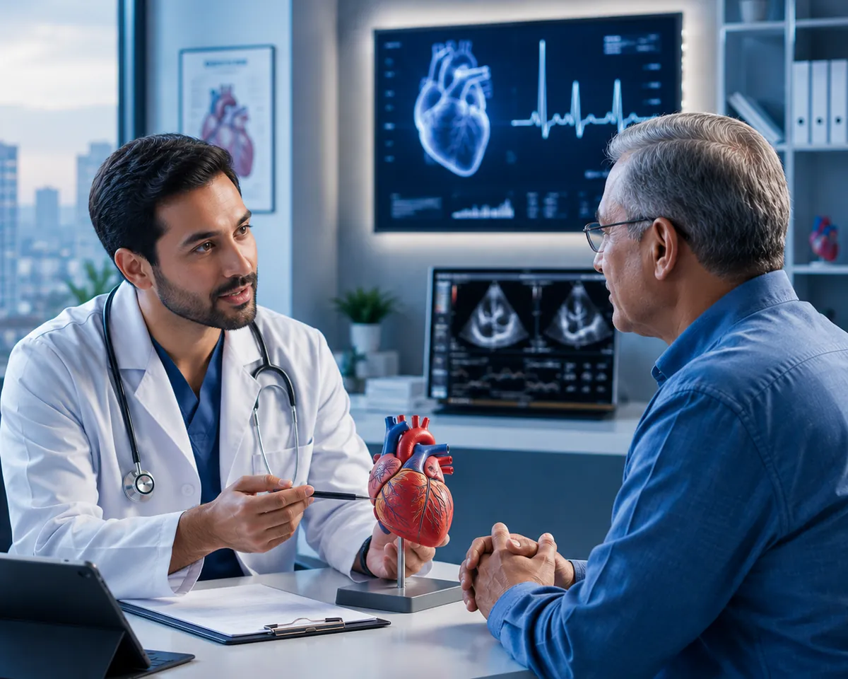 Cardiologist explaining a heart model to an older patient, with ECG and echocardiogram data on the screens behind them