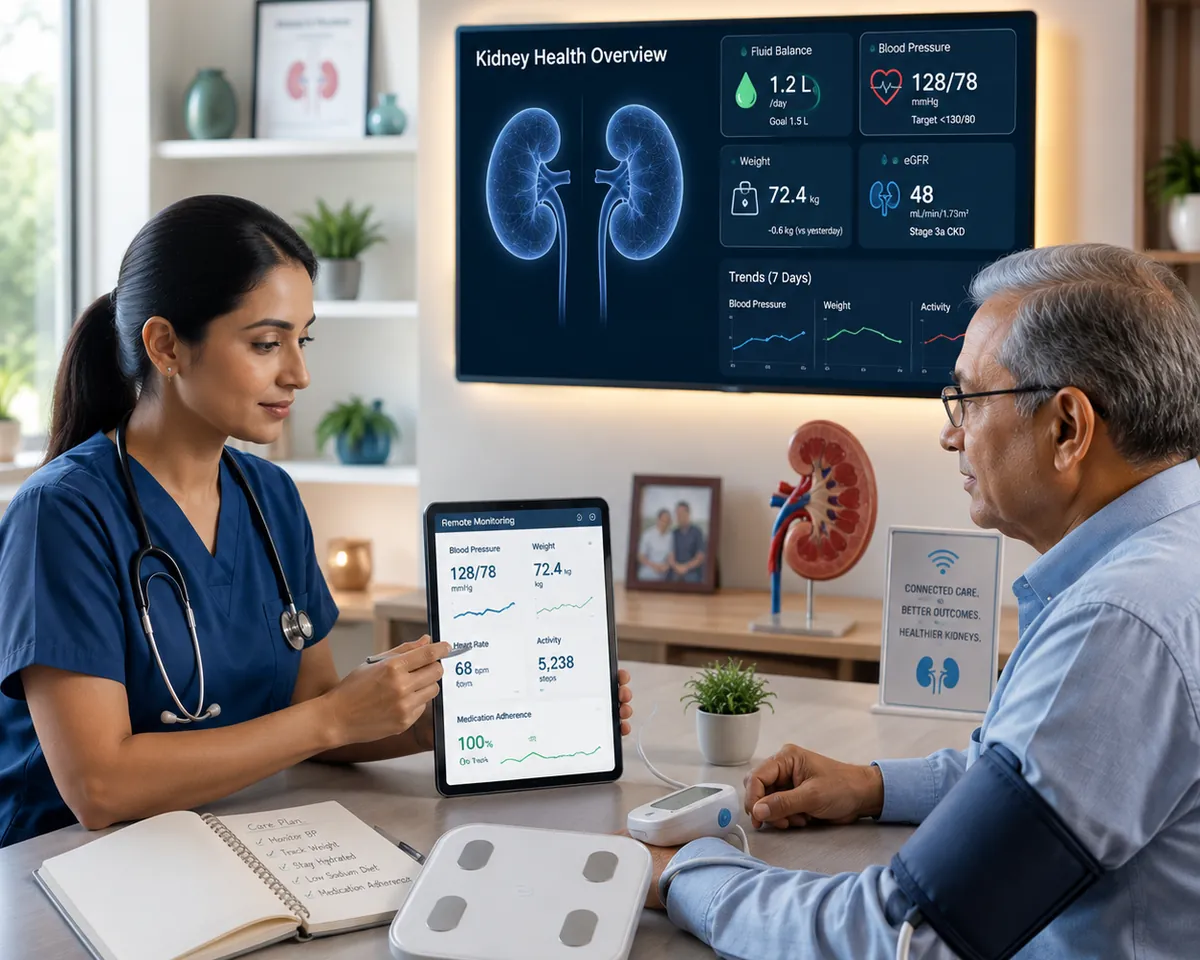 Nurse reviewing a remote monitoring dashboard with a CKD patient wearing a blood pressure cuff, with kidney health trends on the screen behind them