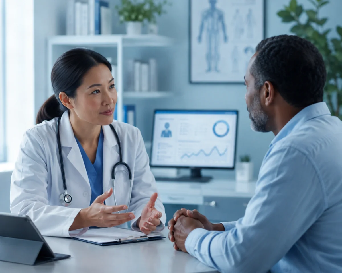 Primary care physician reviewing a chronic care management plan with a Medicare patient, with the patient’s monitoring dashboard open behind them
