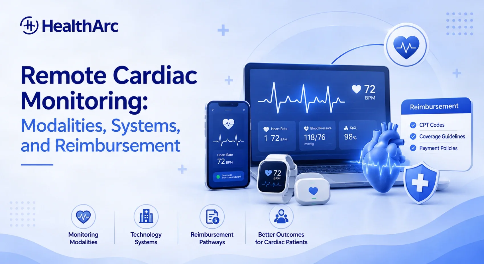 Remote cardiac monitoring dashboard on a laptop and phone showing heart rate, blood pressure and SpO2 readings from wearable and implanted cardiac devices, alongside reimbursement requirements, HealthArc