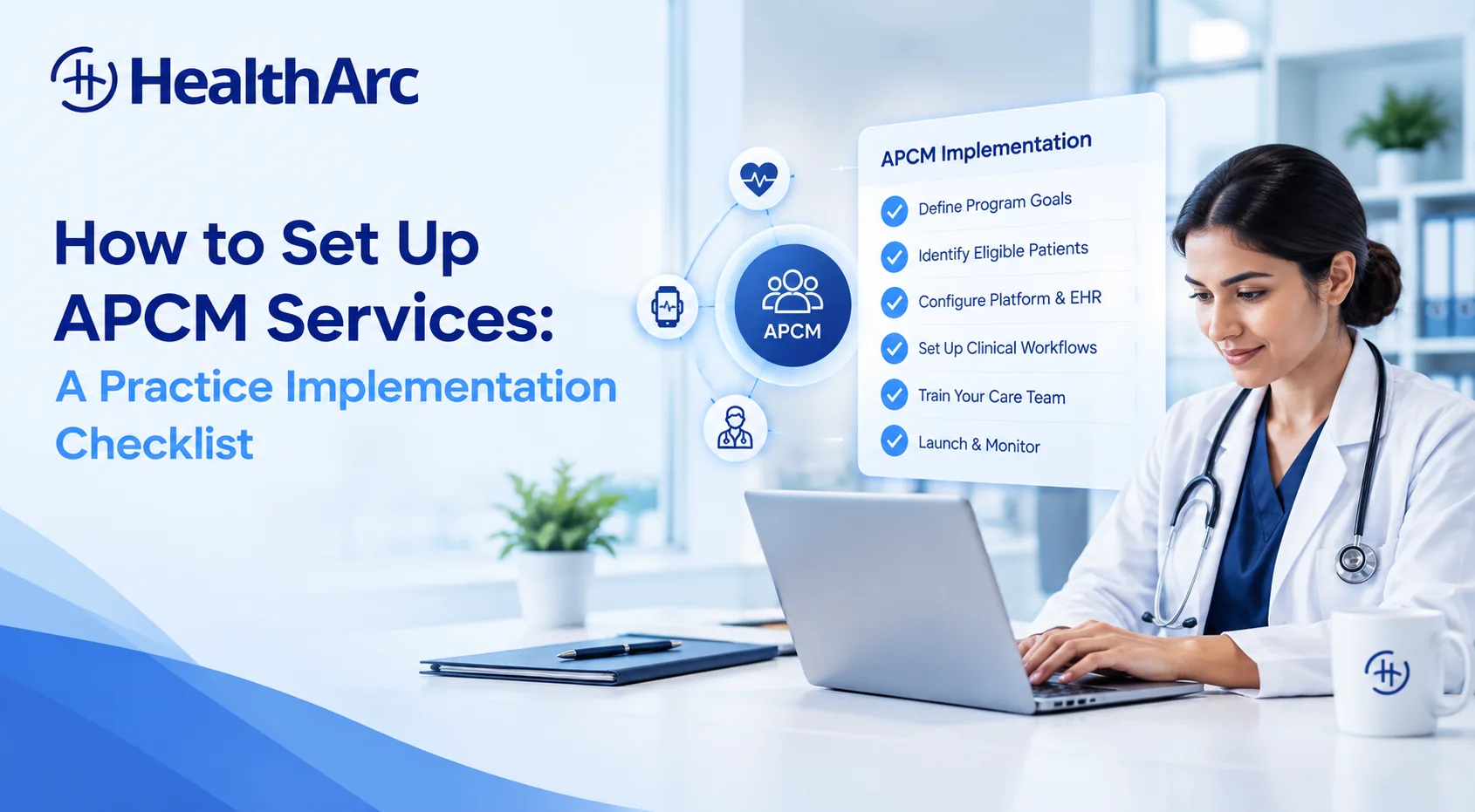 Clinician in a white coat working at a laptop beside a HealthArc APCM implementation checklist panel listing define program goals, identify eligible patients, configure platform and EHR, set up clinical workflows, train your care team, and launch and monitor
