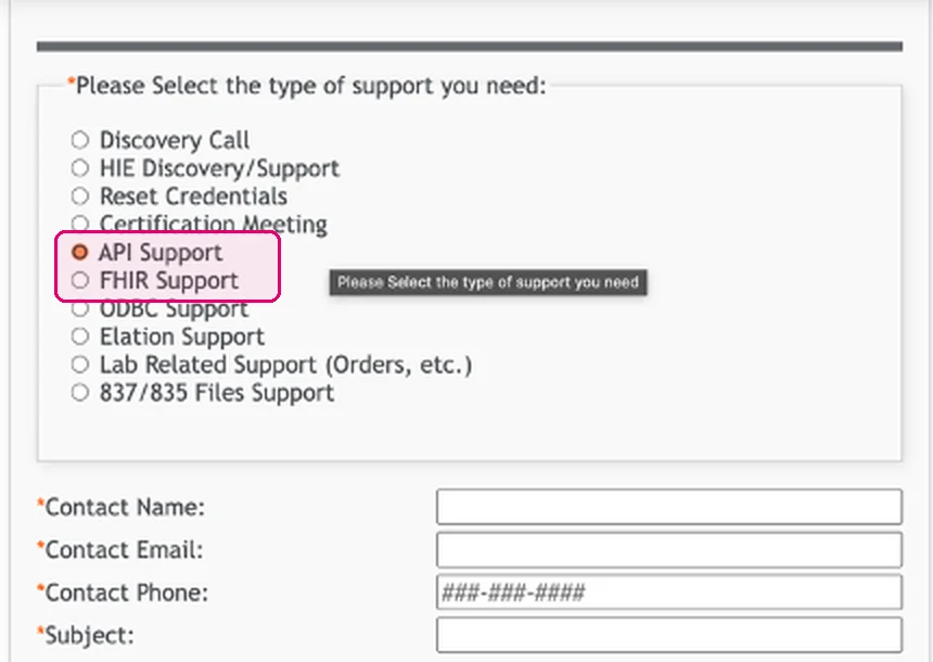 AdvancedMD interoperability support form with API Support and FHIR Support options