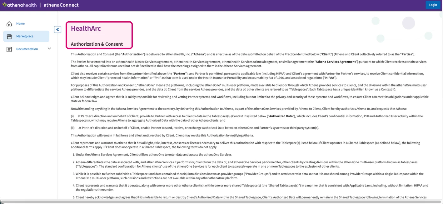 HealthArc Authorization & Consent page in the athenaConnect Marketplace