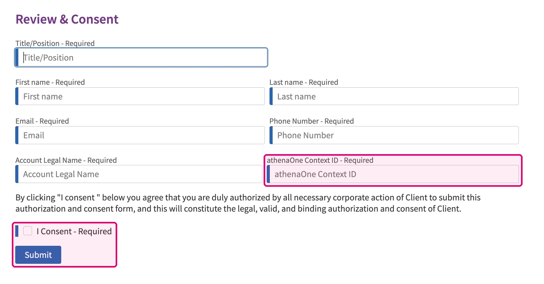 athenahealth Review & Consent form with fields for title, name, email, phone, account legal name and athenaOne Context ID
