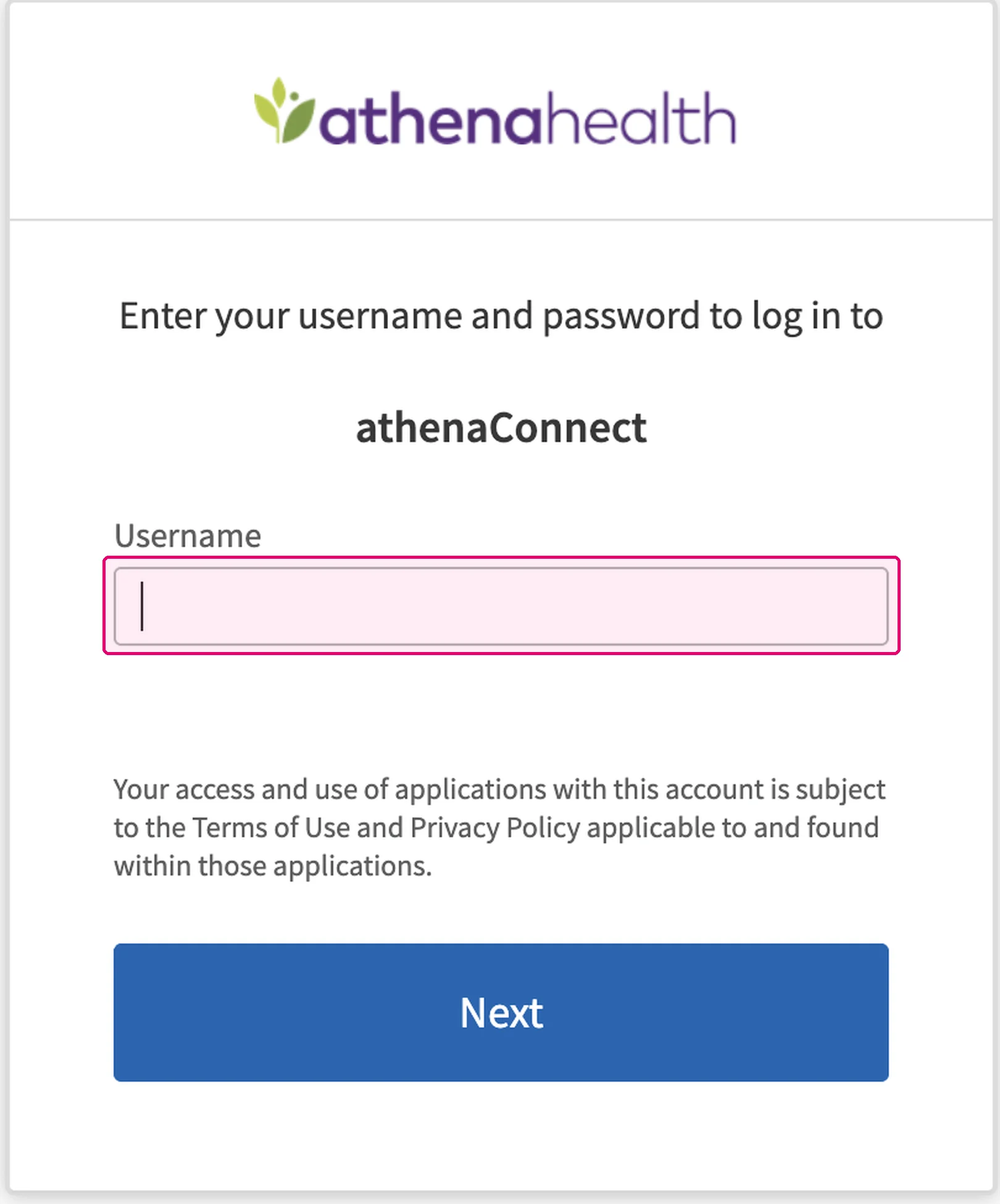 athenaConnect login screen asking for an athenahealth username