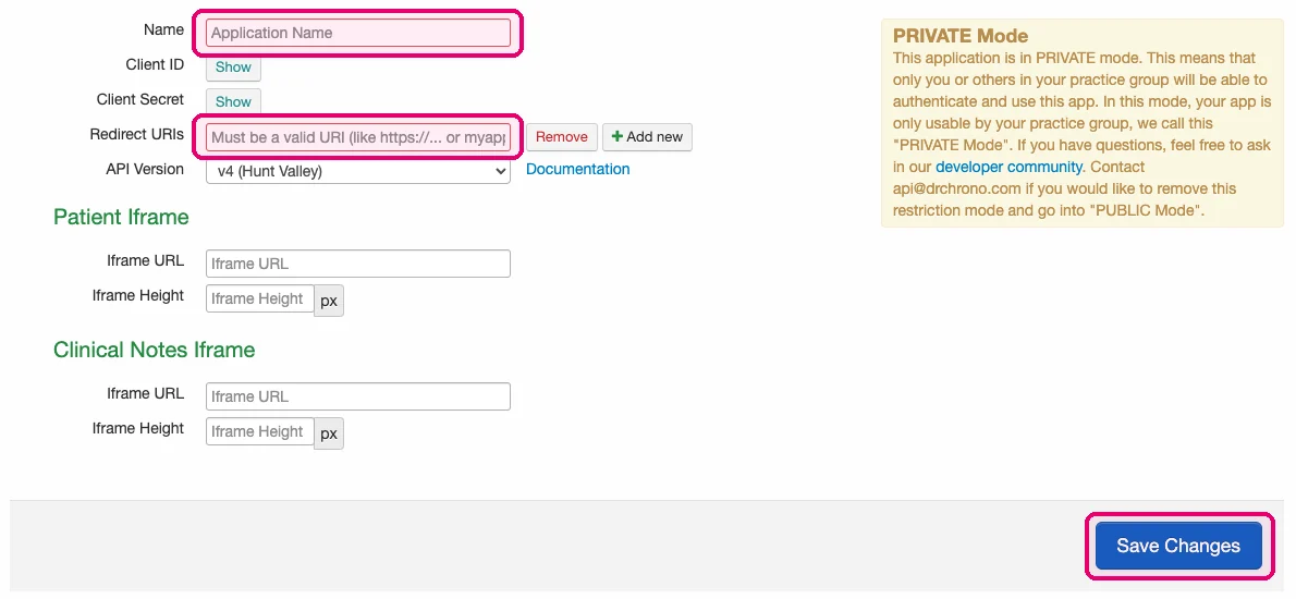 DrChrono new API application form with Name, Redirect URIs and Save Changes highlighted