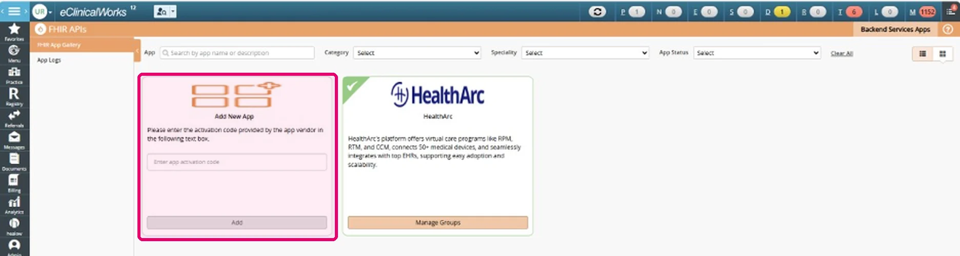 eClinicalWorks Backend Services app gallery with the Add New App card and the HealthArc app