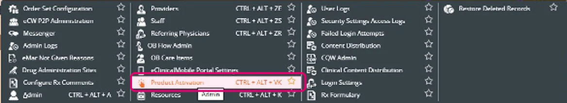 eClinicalWorks Admin menu with Product Activation highlighted