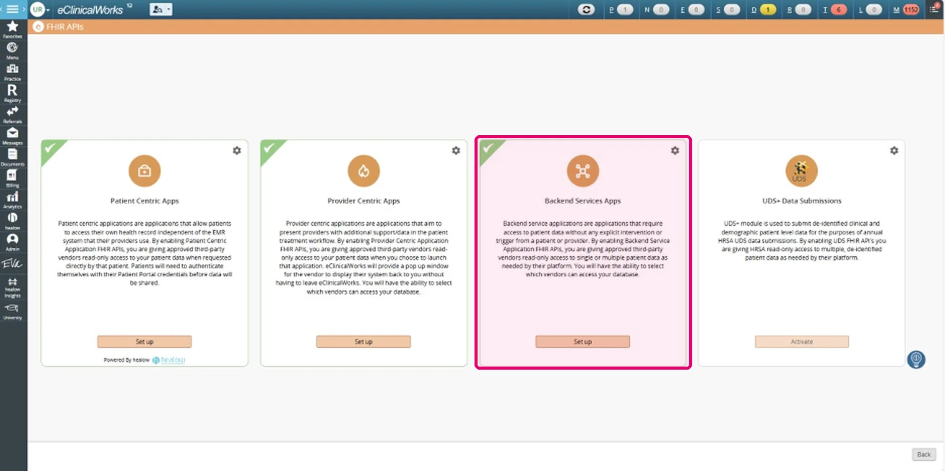 eClinicalWorks FHIR APIs screen with the Backend Services Apps card highlighted