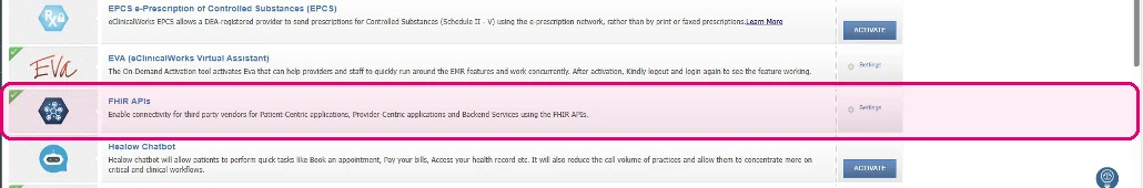 FHIR APIs listed in eClinicalWorks Product Activation
