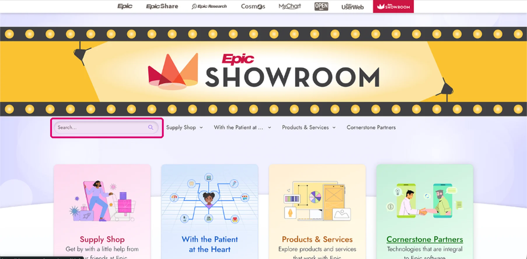 Epic Showroom home page with the search box highlighted